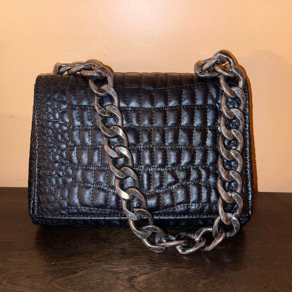 Black Crocodile-Embossed Chain Bag